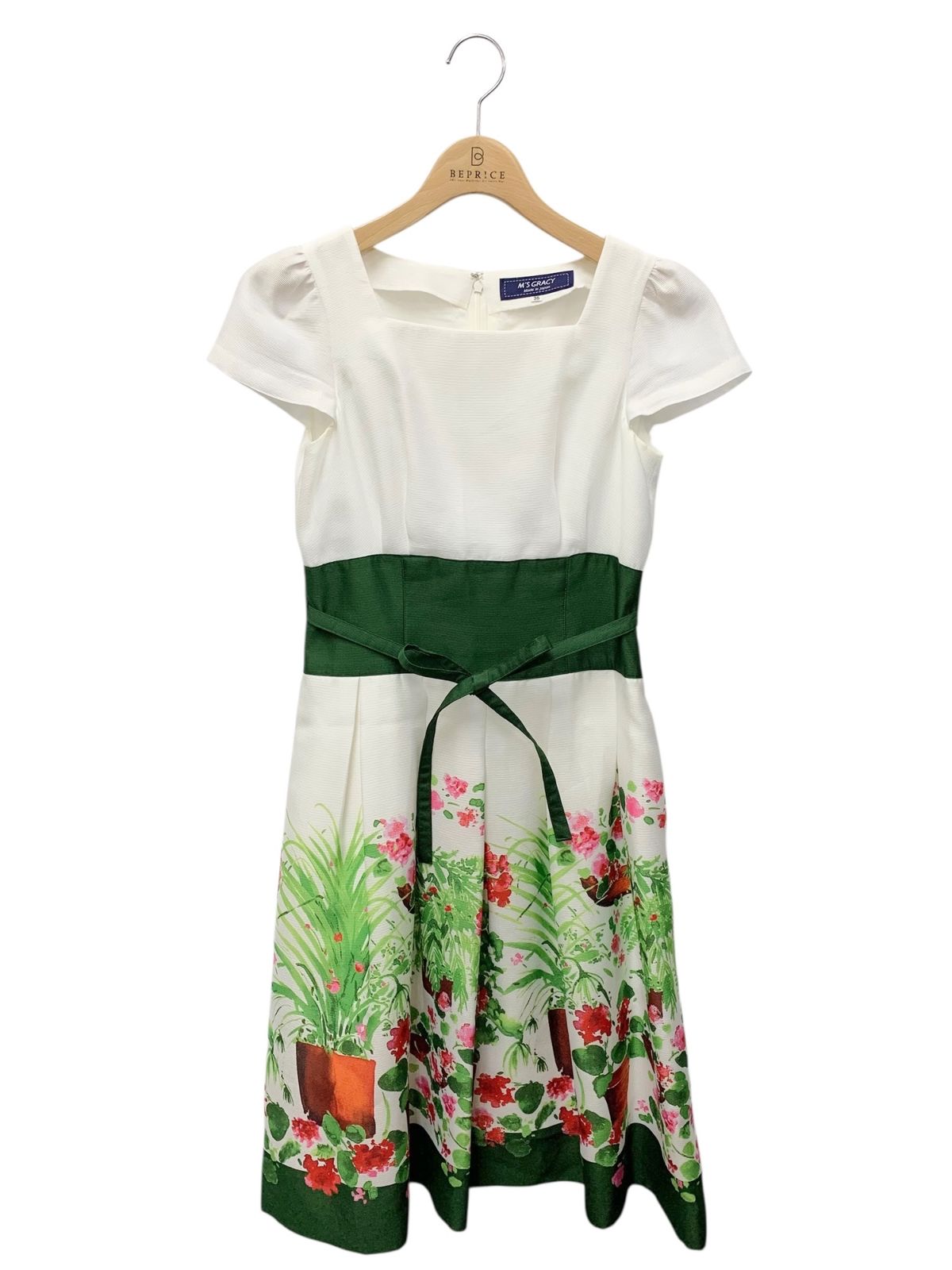 M'S GRACY 花柄リボンワンピース 36 エムズグレイシー Garden Flower Dress 811344 ワンピース 36 ホワイト