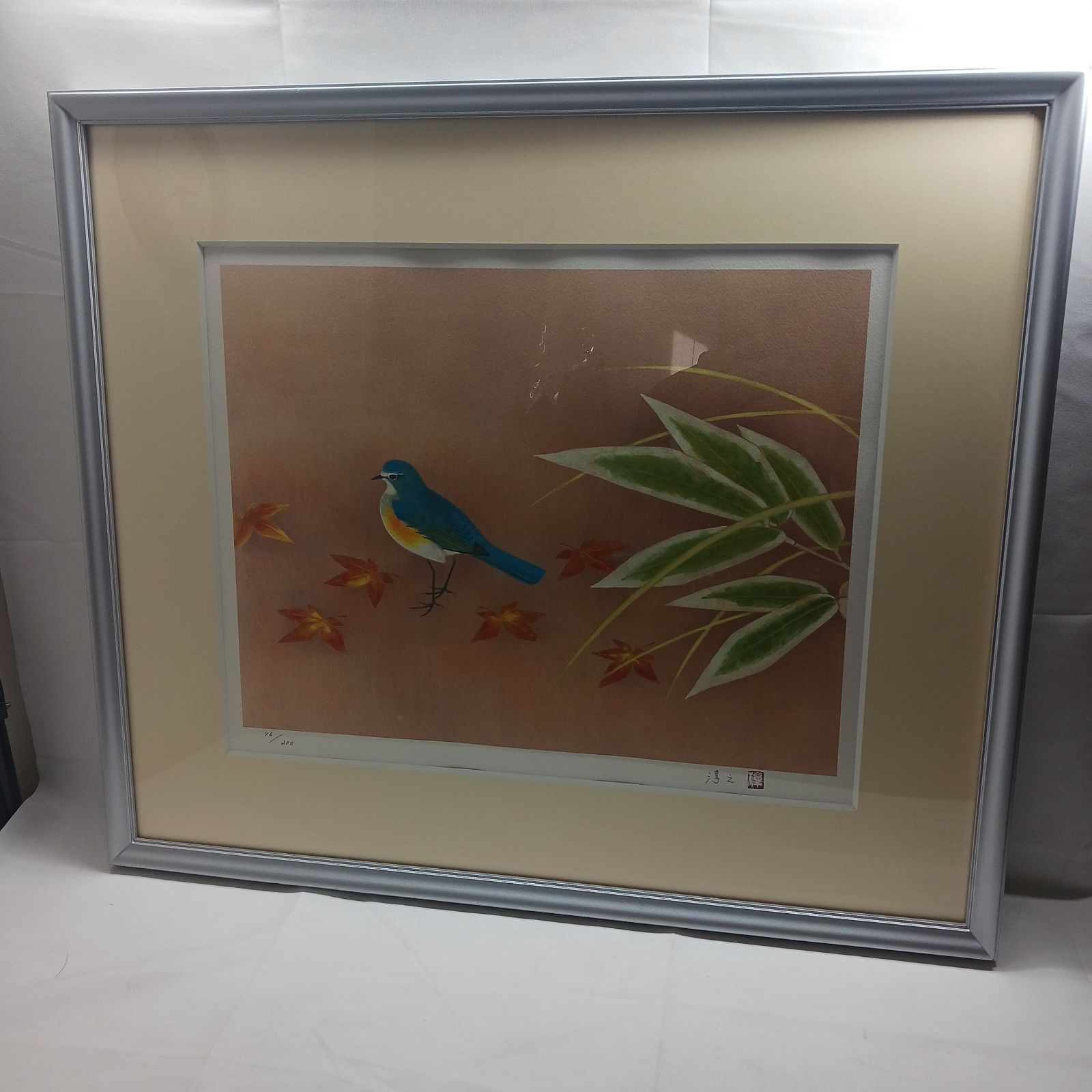 真作保障】作者名 上原淳之 作品名 瑠璃鶲 日本画 サイン、落款有り