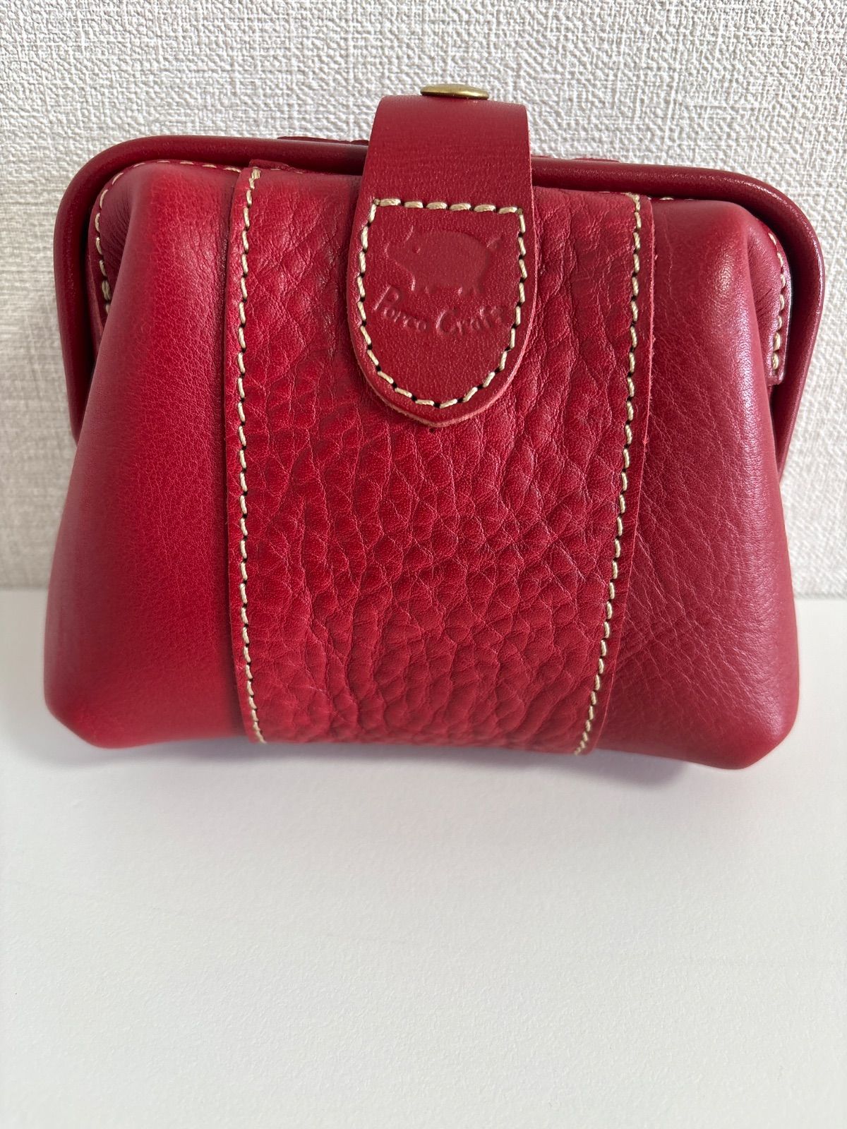 未使用品 ポルコロッソ PORCO CRAFT がま口ポーチ レッド 栃木レザー