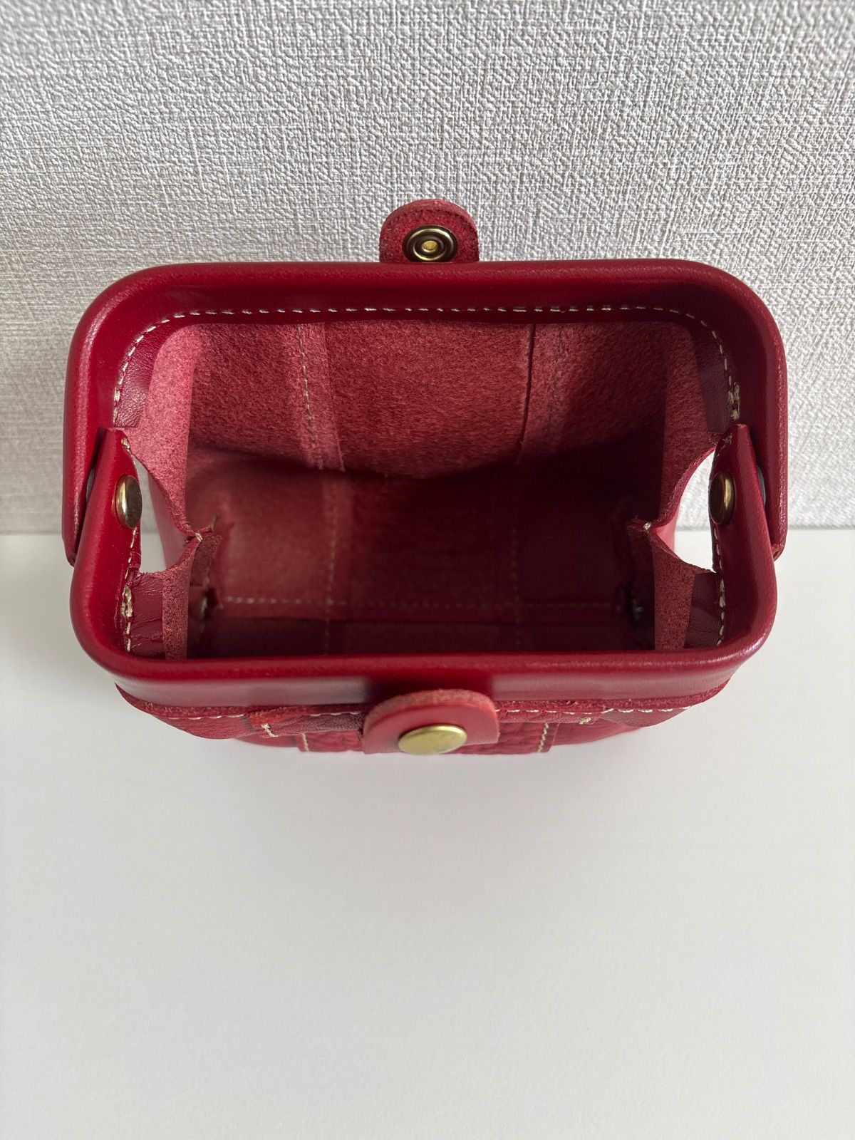 未使用品 ポルコロッソ PORCO CRAFT がま口ポーチ レッド 栃木レザー