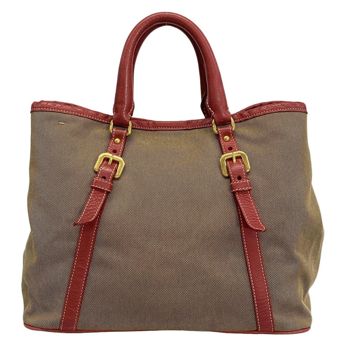 PRADA(プラダ) トートバッグ ロゴジャガード ベージュ×レッド 革タグ