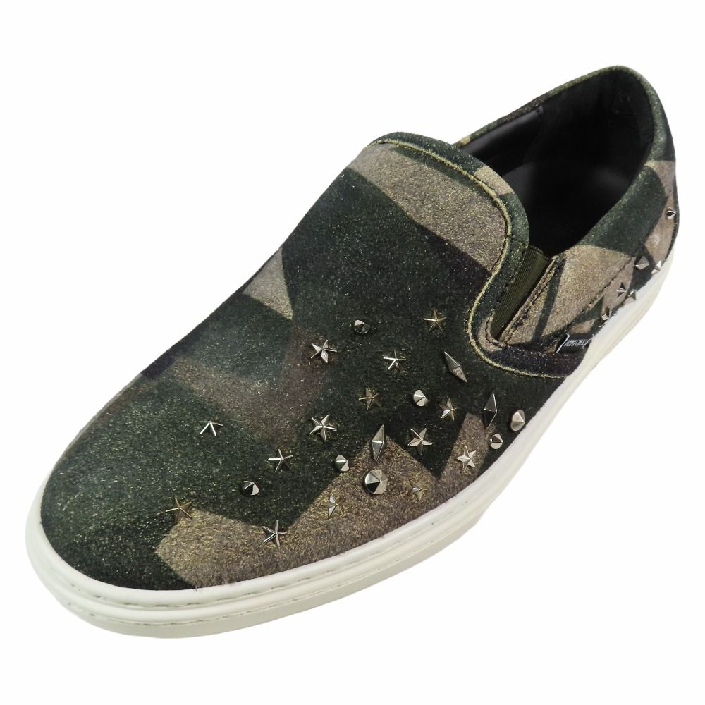 未使用 JIMMY CHOO ジミーチュウ スリッポン カモフラ 迷彩 スエード レザー スタースタッズ スニーカー 靴 シューズ 41.5 グリーン メンズ 古着  USED