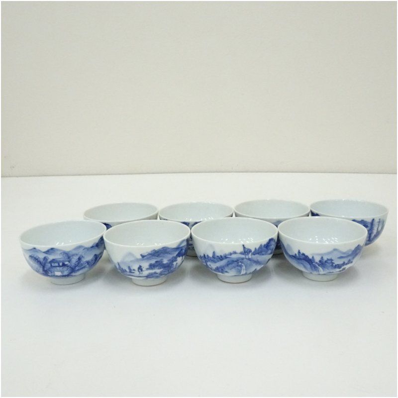 五代 中村東洸造 染付青華山水煎茶碗8客（共箱） 茶道 抹茶 おしゃれ