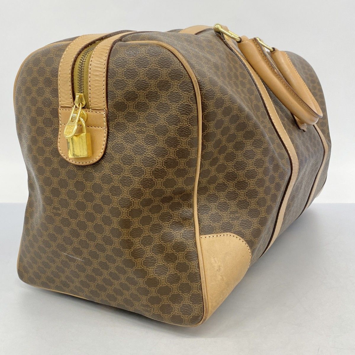 6ba0382-k】セリーヌ ボストンバッグ マカダム PVC ブラウン ゴールド