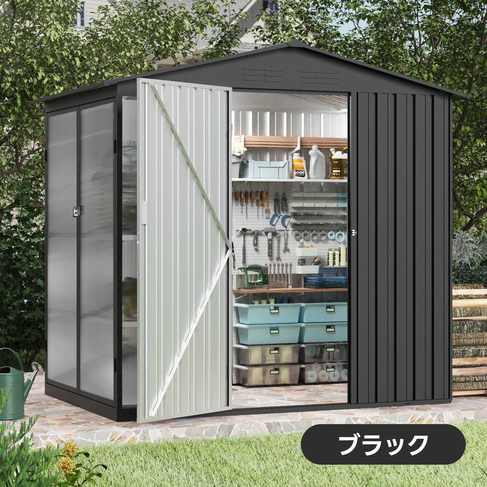 大人気｜【温室付き】物置 屋外 スチール 可動棚 倉庫 戸外収納庫 W180 