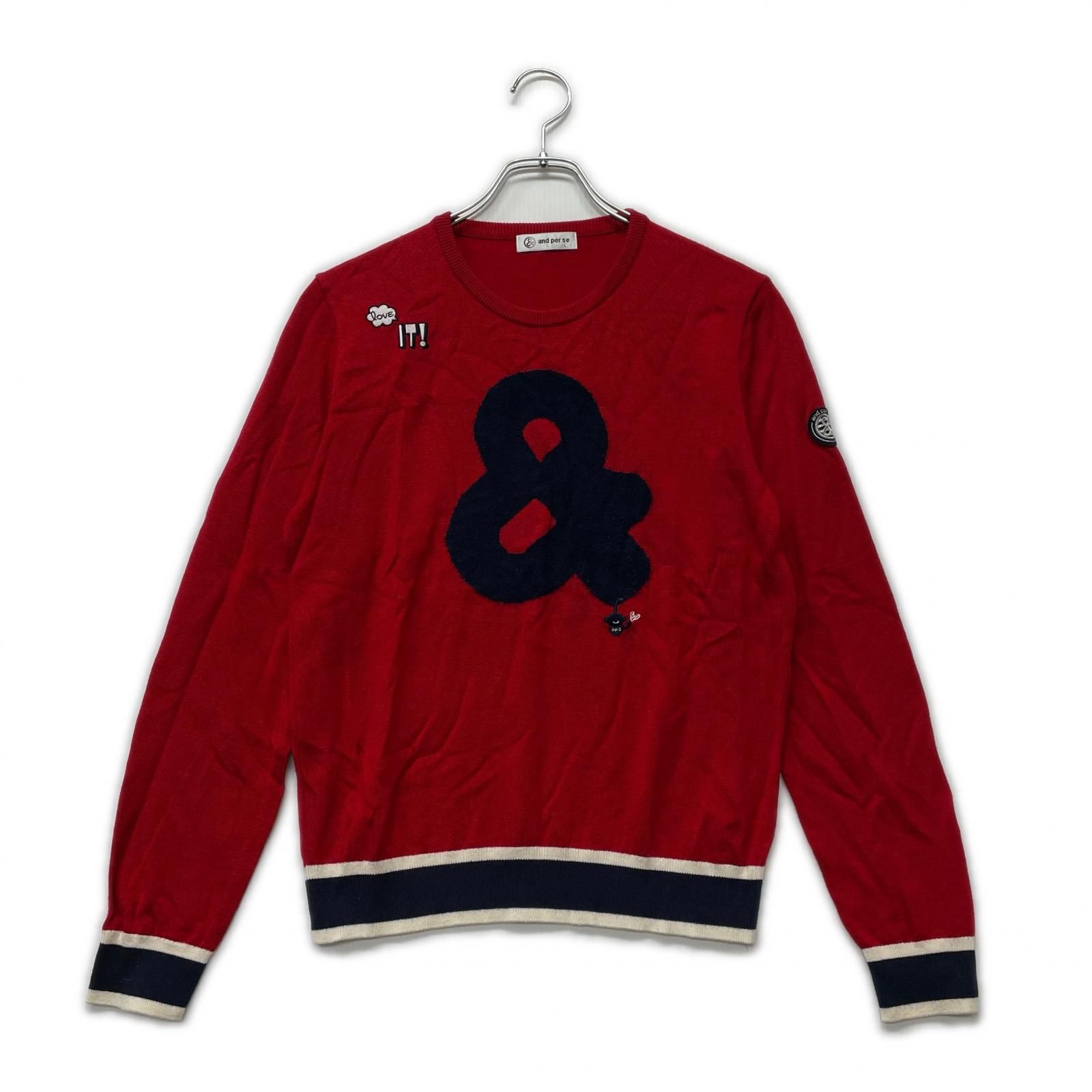中古 レディース アンパスィ and per se セーター L レッド ビッグロゴ