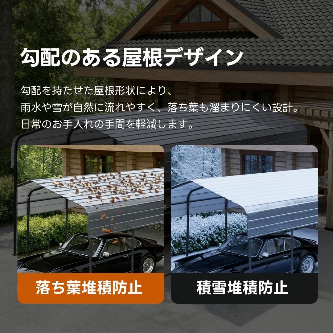  カーポート ガレージ スチール 収納 車庫 外装 幅3 m 高さ2.6 奥行4.5 耐久性 防水 UVカット 安定構造 アンカーボルト付き オープンデザイン 通気性 簡易組立 収納家具 屋外用 ダークグレー 物置小屋 スモールハウス 物置 車庫