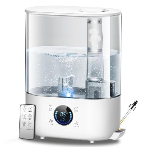 加湿器 大容量 5 L ハイブリッド式 超音波式 - 加熱式 多重除菌 自動恒湿 上から給水 最大65時間連続稼働 静音 アロマ対応 卓上 かしつき スチーム式 小型humidifier リモコン付き 12時間切タイマー 睡眠モード 三段階噴霧 e 38 bce 8 f