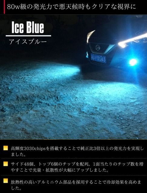 ウイングロード Y12 RSタイプ H18.12～ アイスブルー LEDフォグランプ HB4 9006 80w相当 超高輝度 3030チップ 2本セット (ネコポス配送)