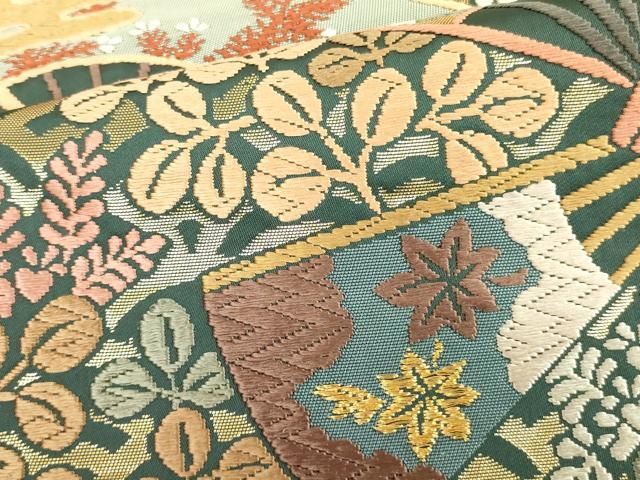 平和屋1◎六通柄袋帯 織弓司 桃山屏風草花図 金糸