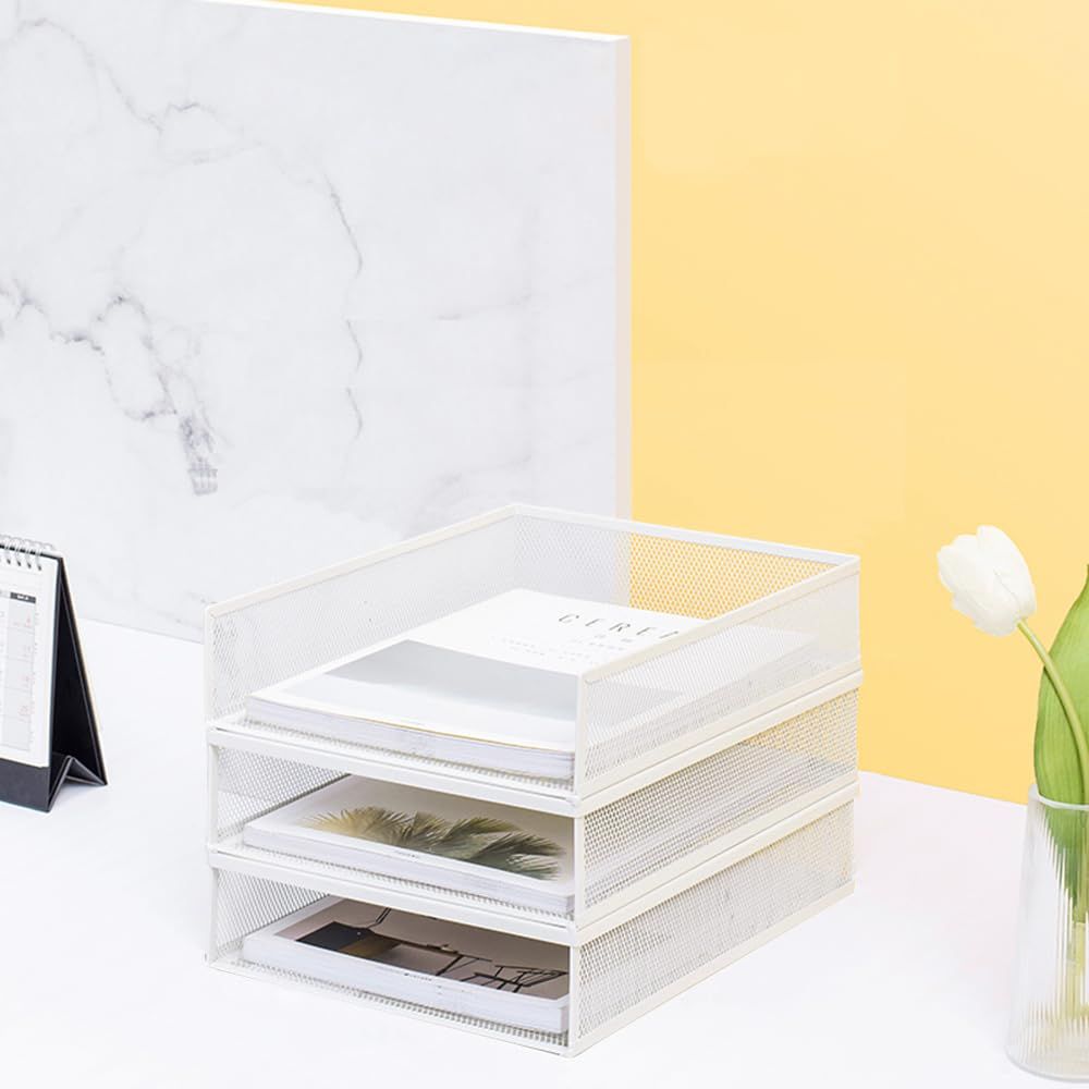A 3 卓上収納ラック メッシュ 金属 書類トレー メタル 横型 縦型 レターケースa 3書類トレー ファイルラック3段|4段|5|段6段 書類棚 新聞|雑誌|A 4ファイル|フォルダー|書類入れ 机上用品 整理 大容量 オフィス 寝室 リビング収納 ホワイト