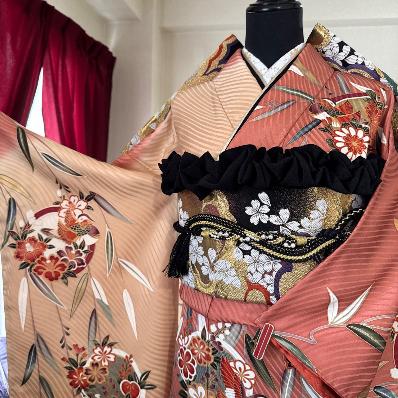 振袖 身丈172cm 裄丈69cm L 袷 美品 染分け 金彩 銀彩 花籠 逸品 振袖 