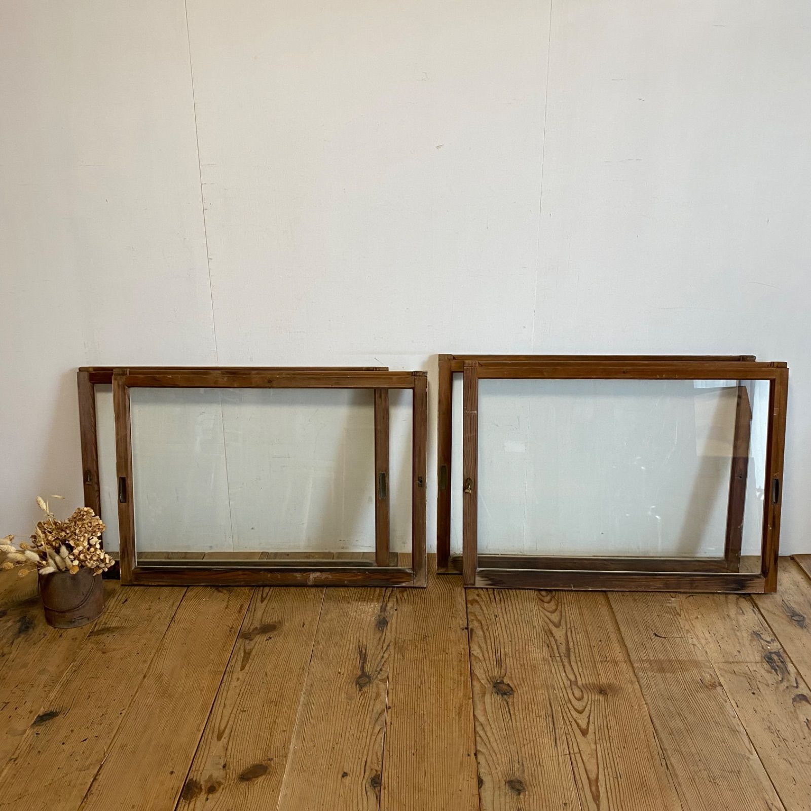 セット アンティーク ガラス戸 木枠 シャビー ホワイト ペイント 古建具 y 598