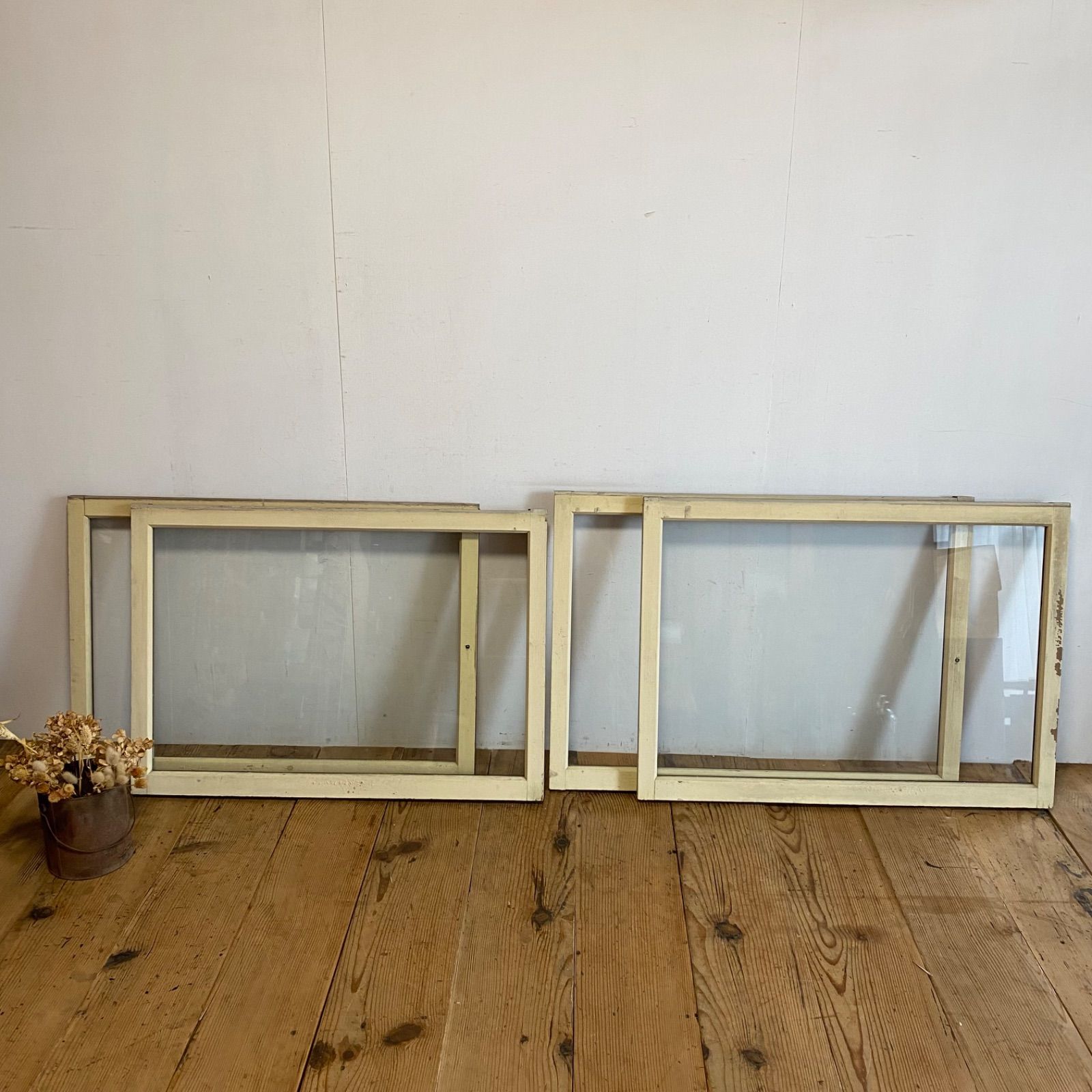 セット アンティーク ガラス戸 木枠 シャビー ホワイト ペイント 古建具 y 598