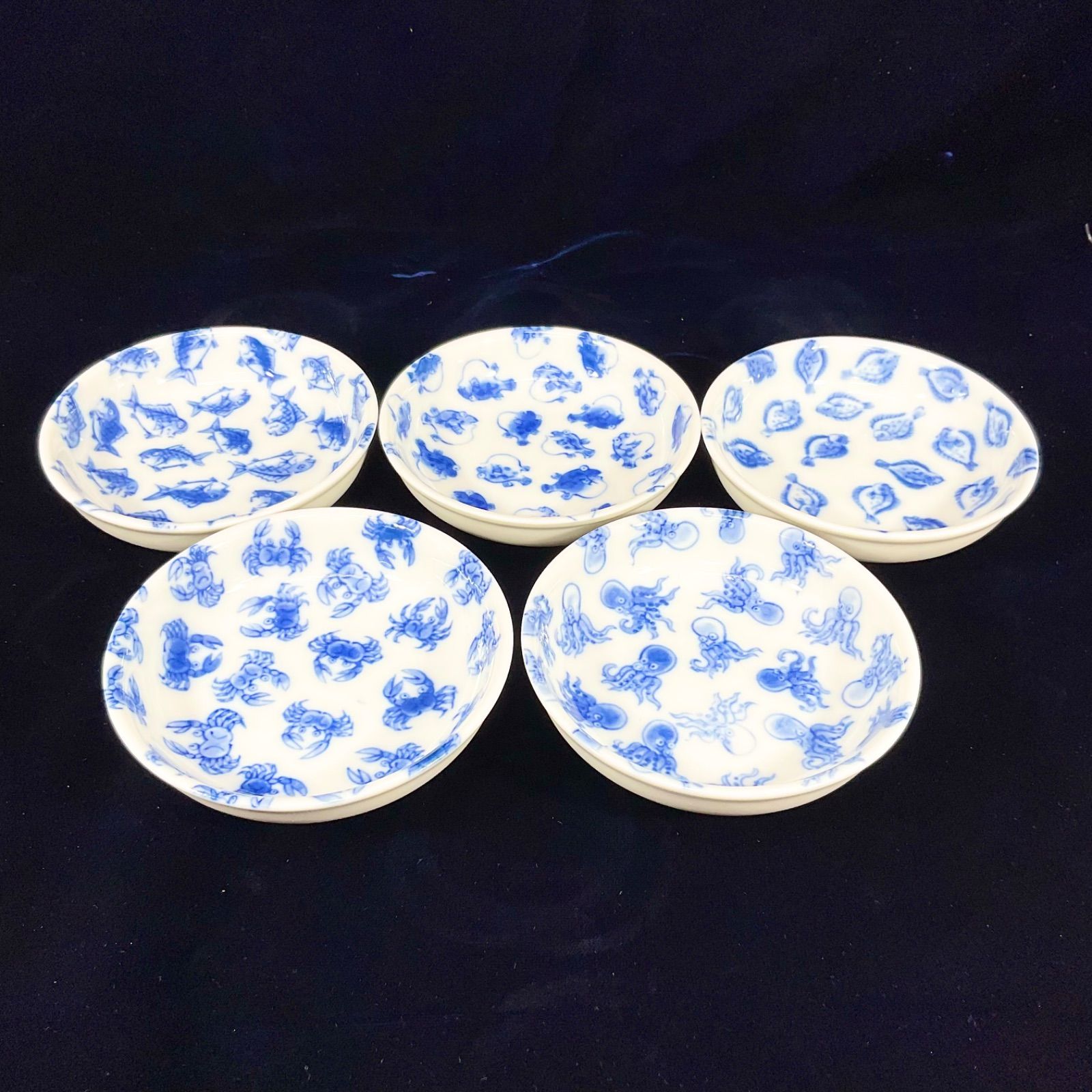 未使用】瀬戸焼 瀬戸物 魚 豆皿 小皿 5枚セット 直径：約9cm 柄違い