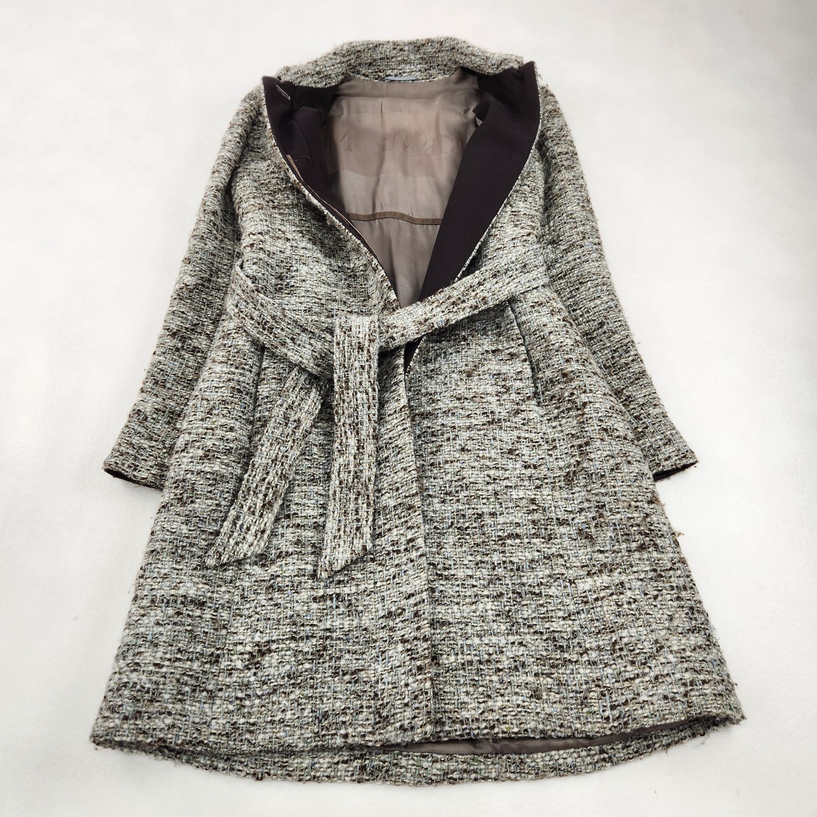 MaxMara ツイードロングコート J 42 MaxMara ロングコート ツイード ラメ ベルベット Aライン 42 XL相当
