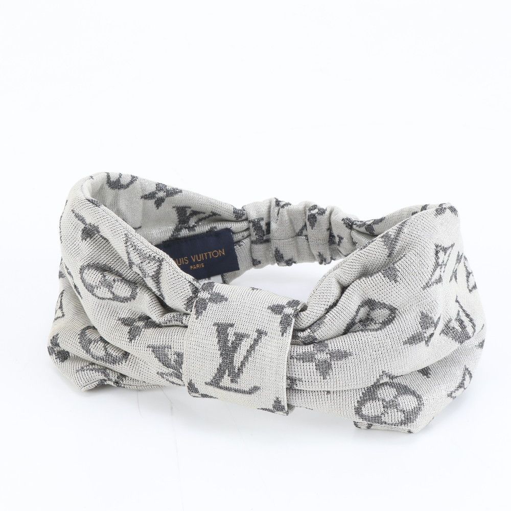 LOUIS VUITTON グレー モノグラム ヘアバンド 美品 美品 ルイヴィトン モノグラム リボン ヘアバンド ターバン シルク 100
