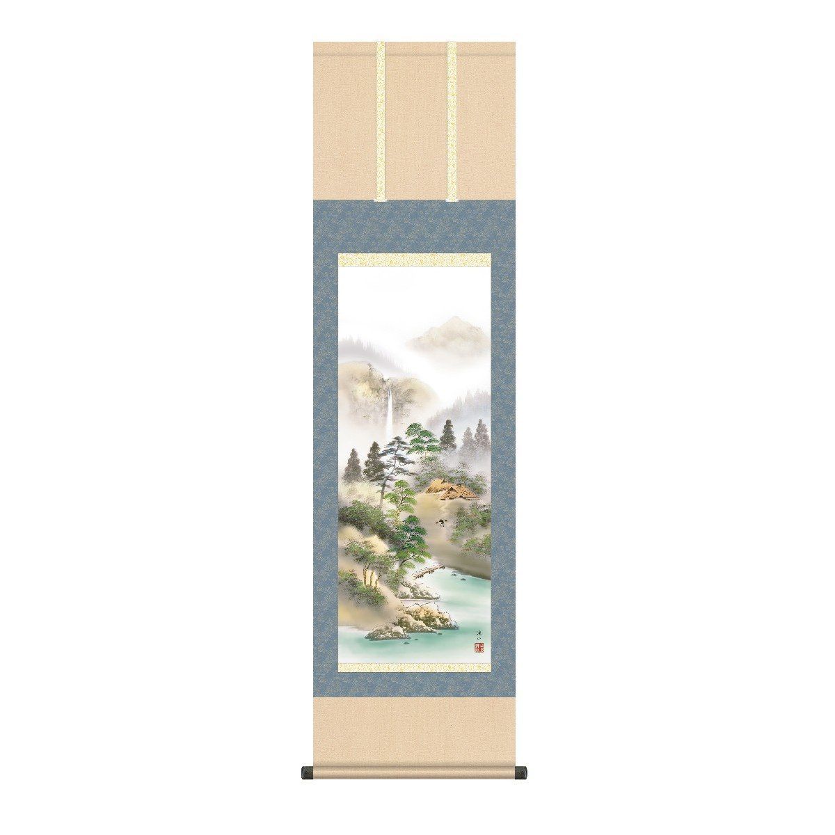 中国古美術・純手描き三尺中堂山水掛軸・水彩画・王原祁印款・書道品・
