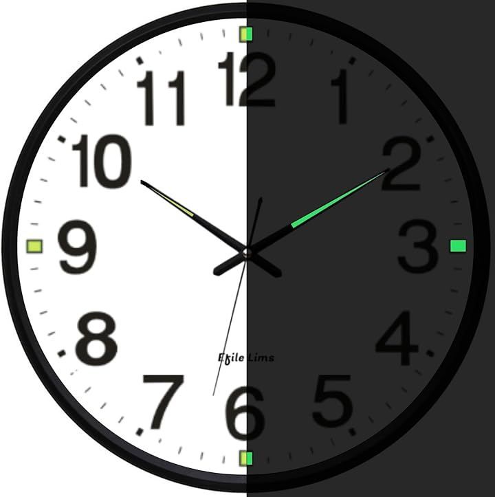 efile lims 時計 壁掛け時計 秒針の音がしない時計 光る 暗闇 10畳～18畳 29.5cm 静音 wall clock 置き時計 アナログ シンプルでおしゃれな時計 大型 (ブラック，  直径29.5cm(蓄光タイプ))