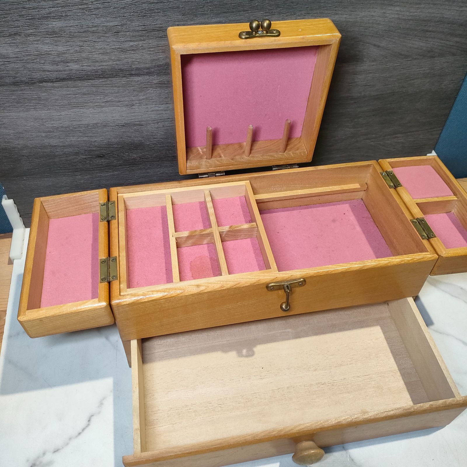 24【美品】G-wood ジーウッド 木製 裁縫箱 ボックス BOX ソーイング 