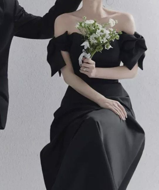 ウェディング ドレス オフショルダー パーティー 黒 2902