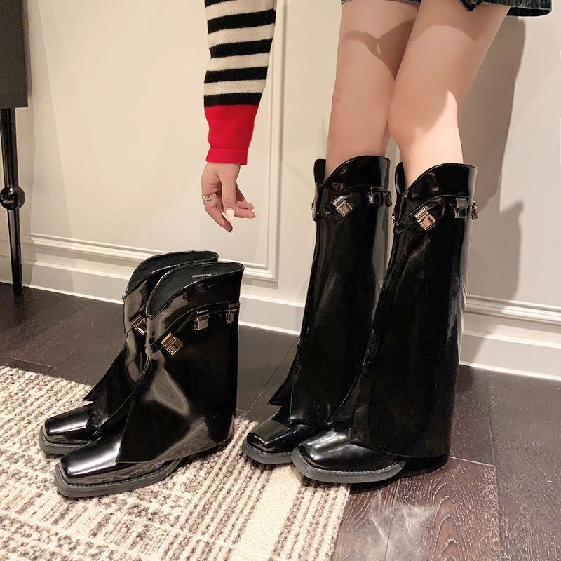 おススメ 折り返し ロングブーツ モード ブラック ショート