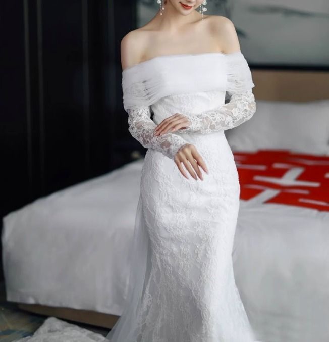 オフショル ウェディングドレス フィッシュテール 総レース 長袖
