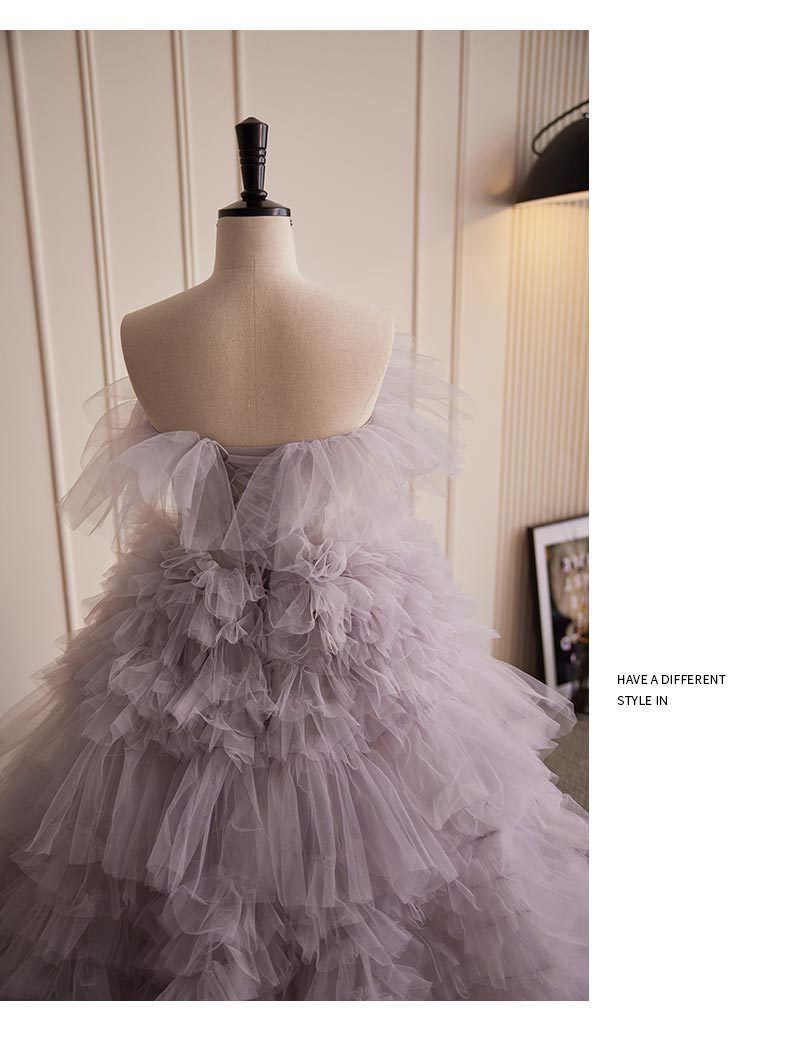 オフショルダー 背中あきウェディングドレス ティアード チュール