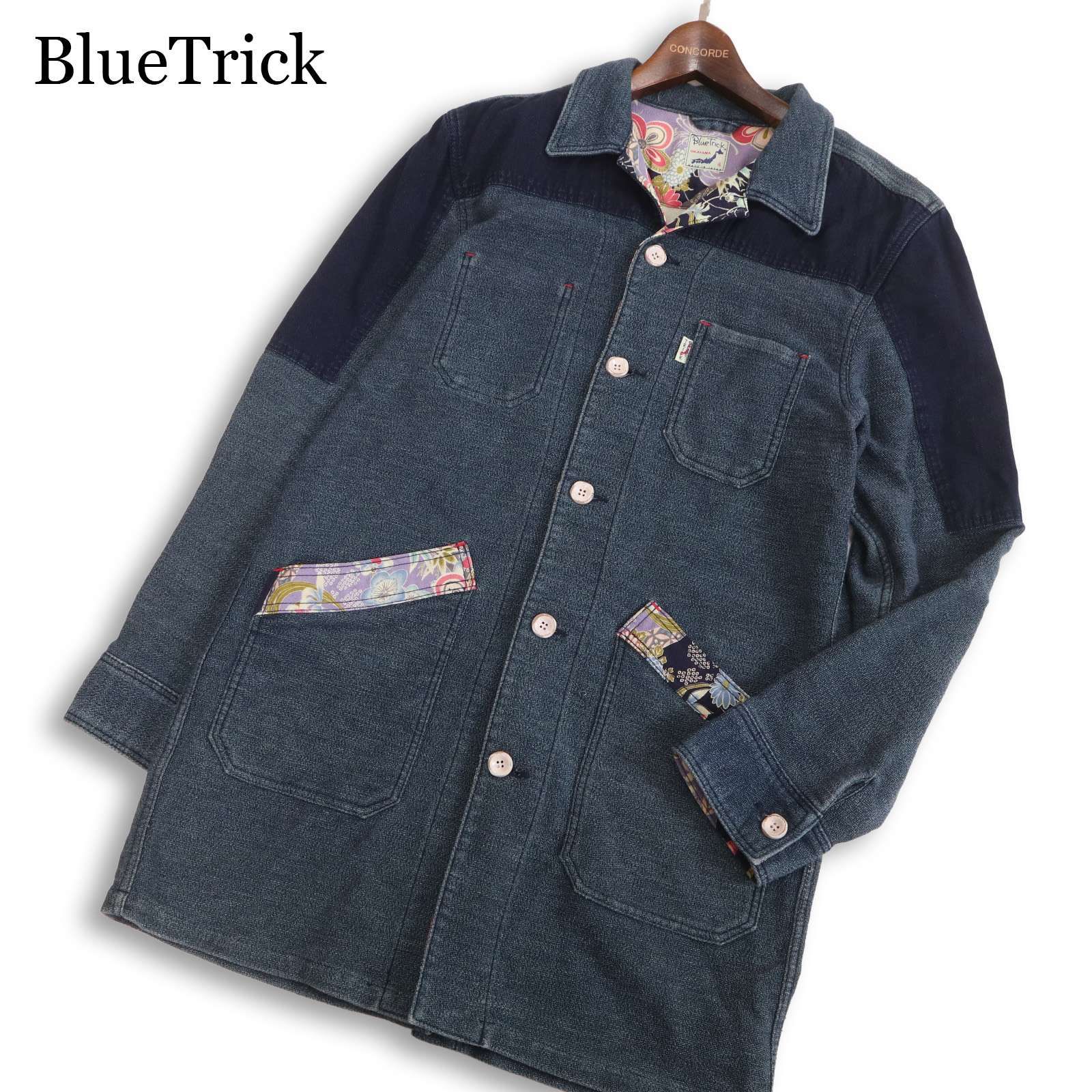 Blue Trick ブルートリック OKAYAMA 岡山 インディゴ★ 和柄 切替 ワーク ショップコート ロング ジャケット Sz.4 メンズ Blue Trick ブルートリック OKAYAMA 岡山 インディゴ☆ 和柄 切替