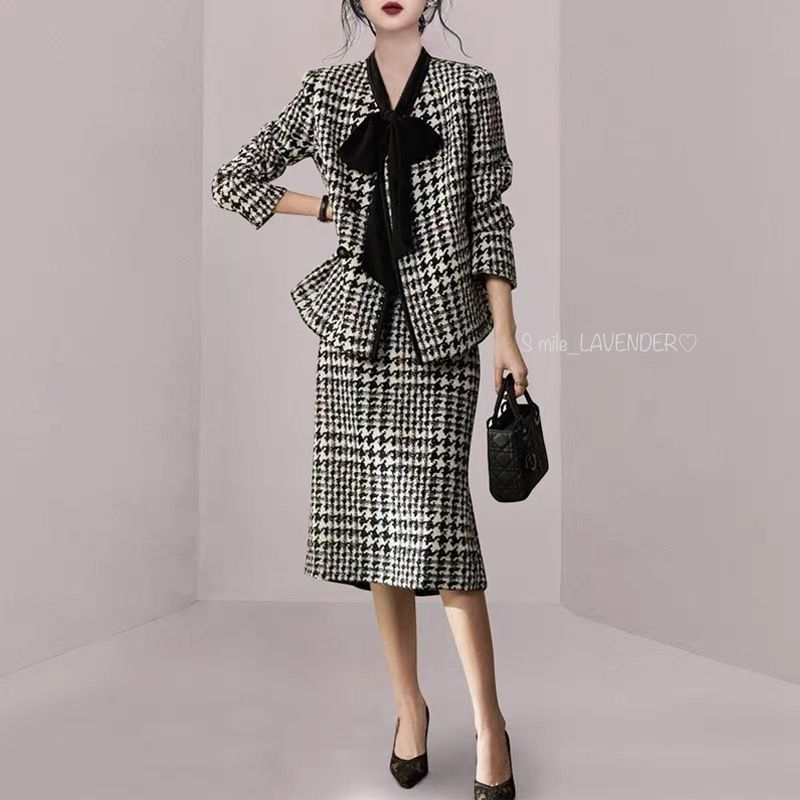 セット スーツ ジャケット＋スカート 千鳥格子 ボウタイ h 177