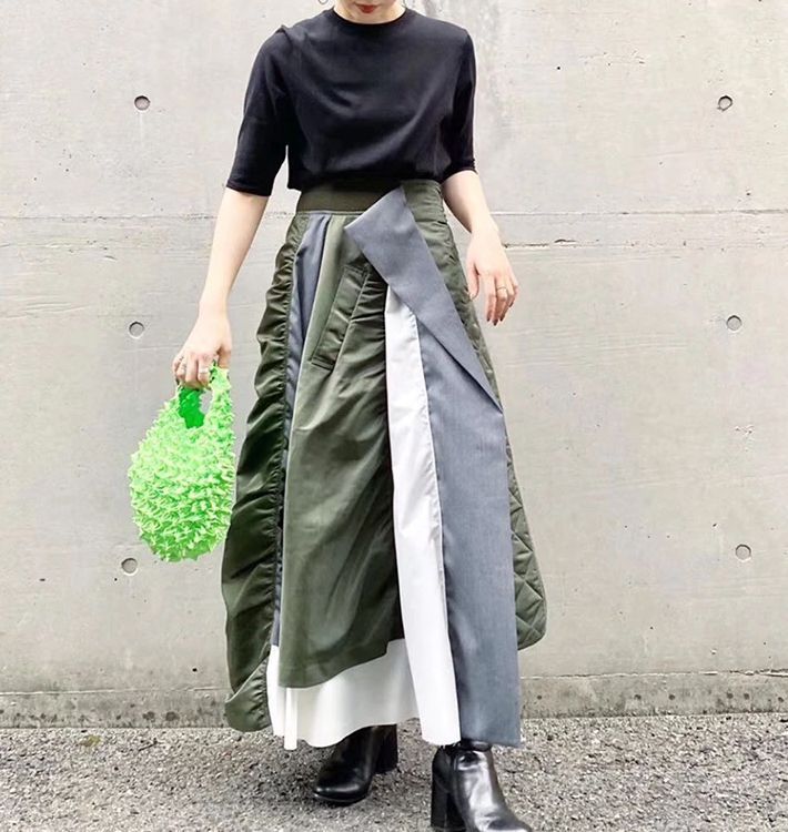 アシンメトリー ロング スカート キルティングコンビ