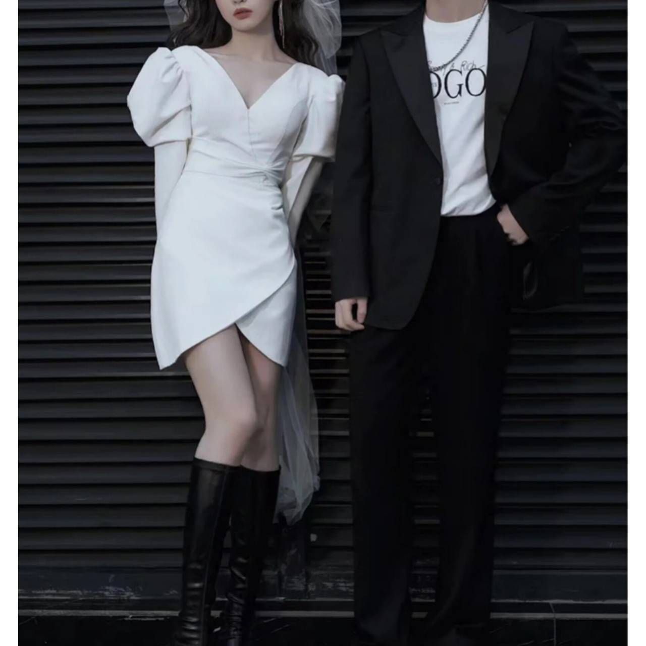 サテン ショート 長袖 ミニ 結婚式 ウェディングドレス 韓国