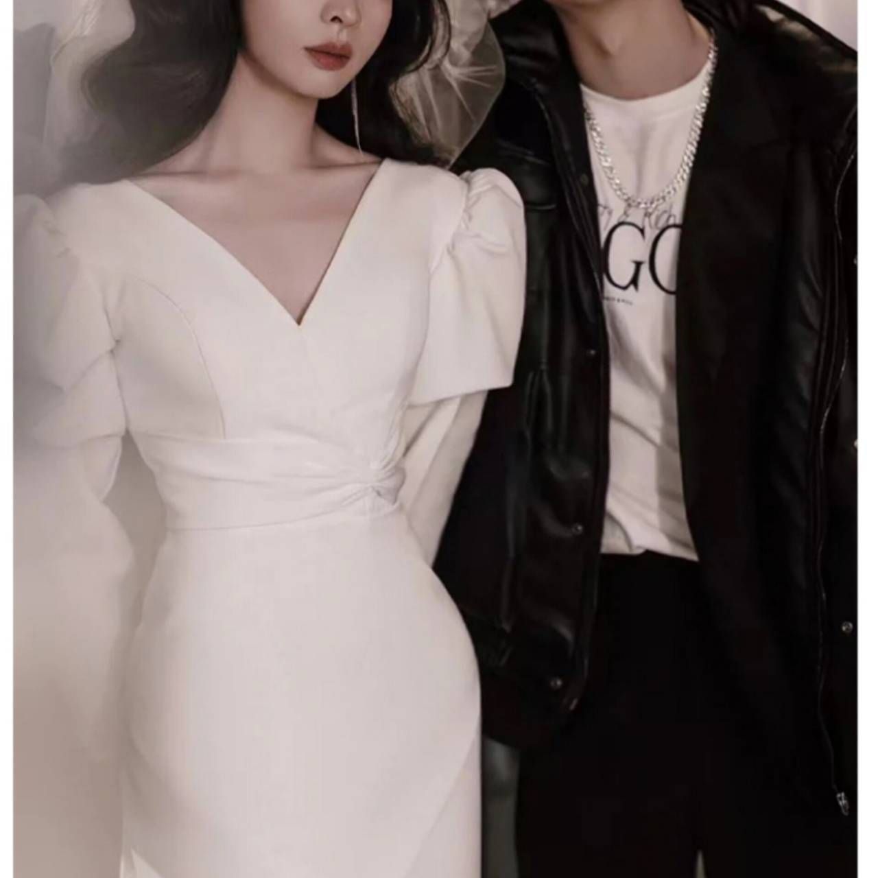 サテン ショート 長袖 ミニ 結婚式 ウェディングドレス 韓国