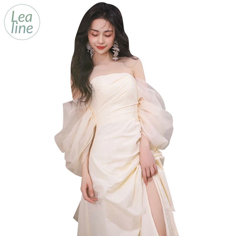 サテン ウエディングドレス ベアトップ 切替 チュール ドレープ