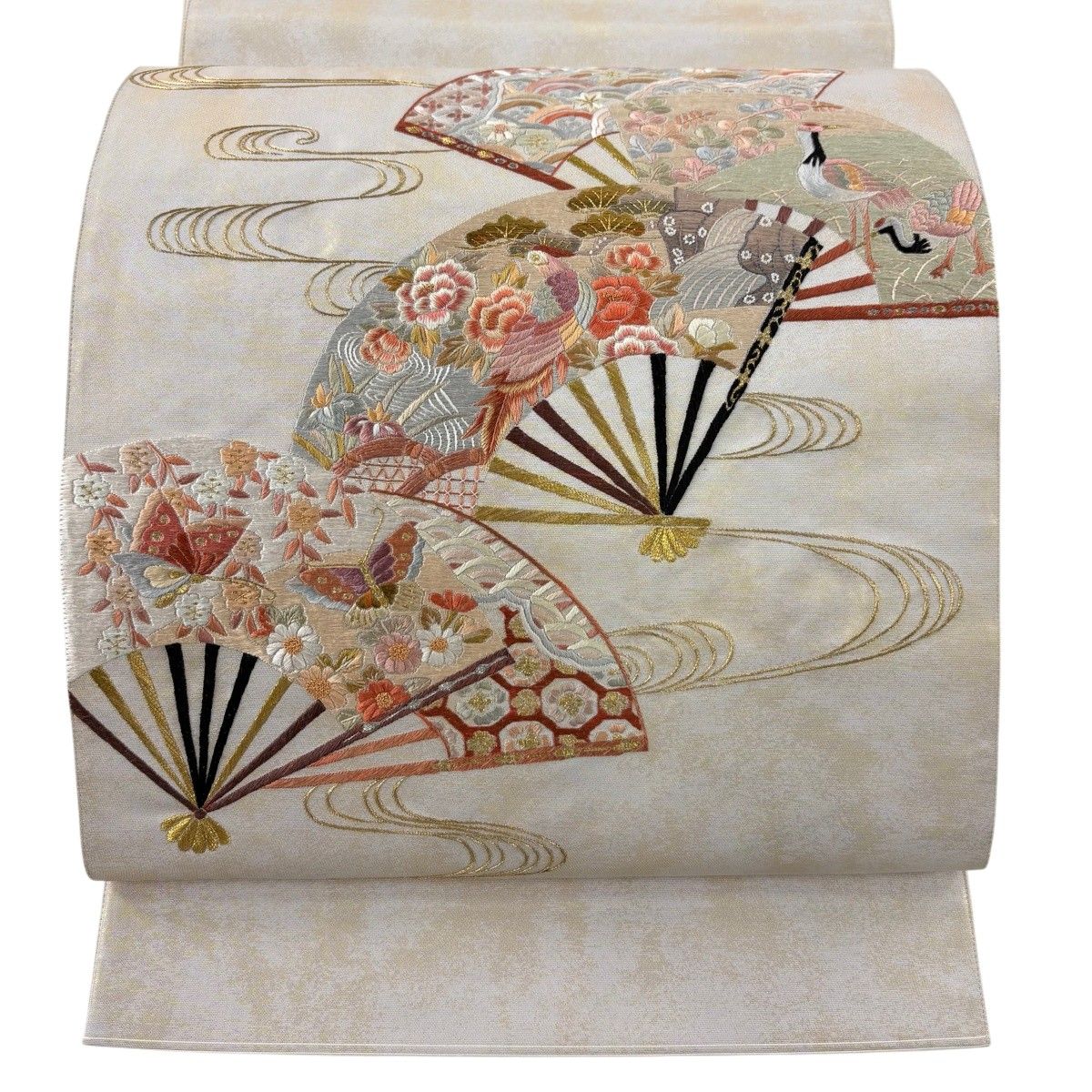 美品】 袋帯 秀品 扇 花鳥 刺繍 金銀糸 金色 お太鼓柄 正絹 【中古 