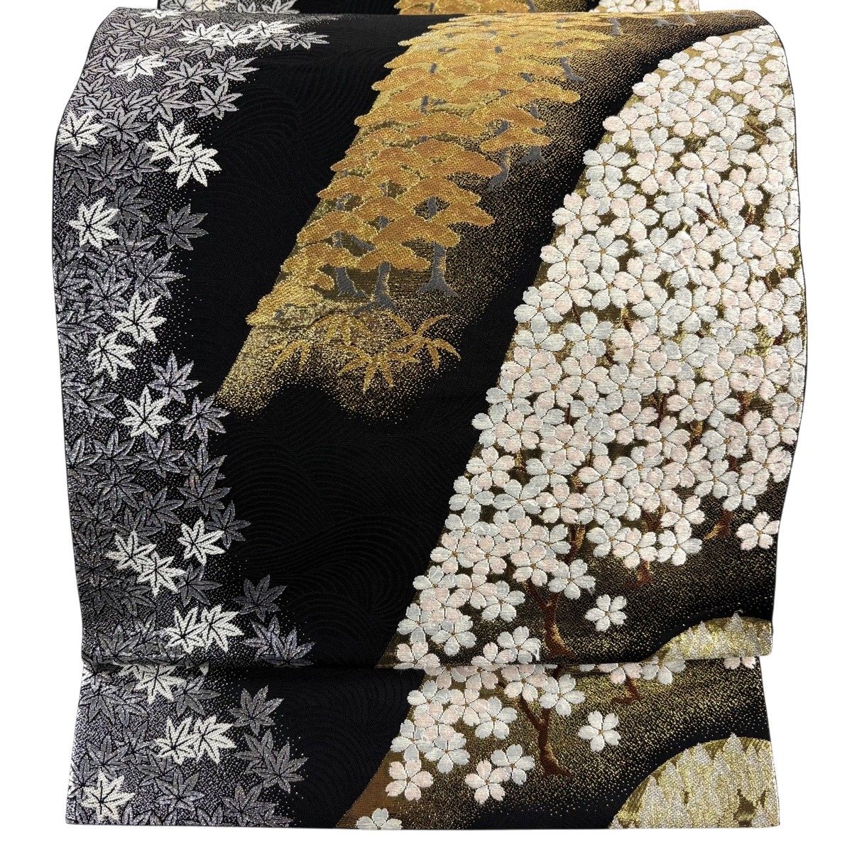 袋帯 秀品 あけぼの繭 遠山遠望 松 桜 箔 金糸 黒 六通 正絹 【中古 