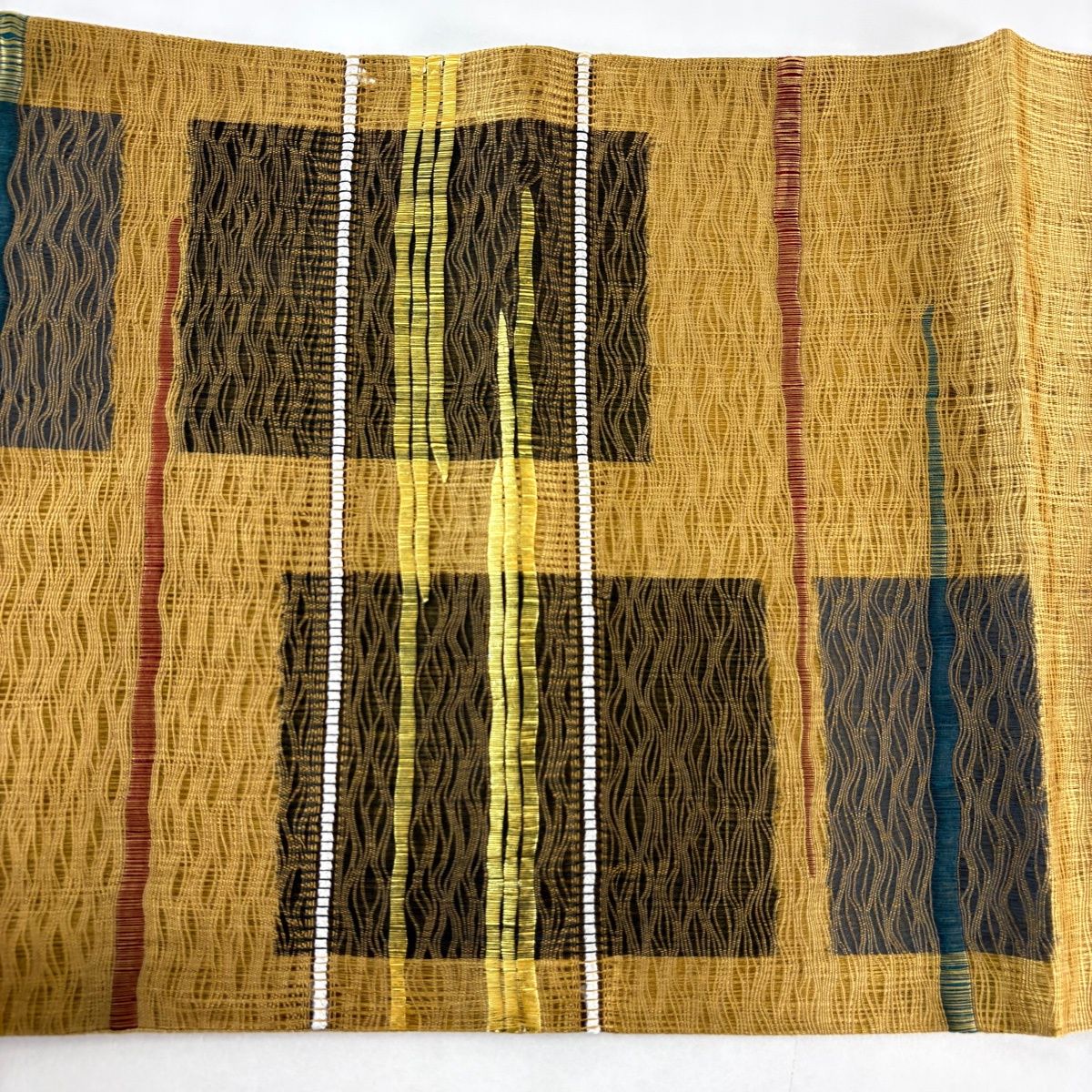 美品】 袋帯 秀品 幾何学模様 箔 黄土色 お太鼓柄 正絹 【中古