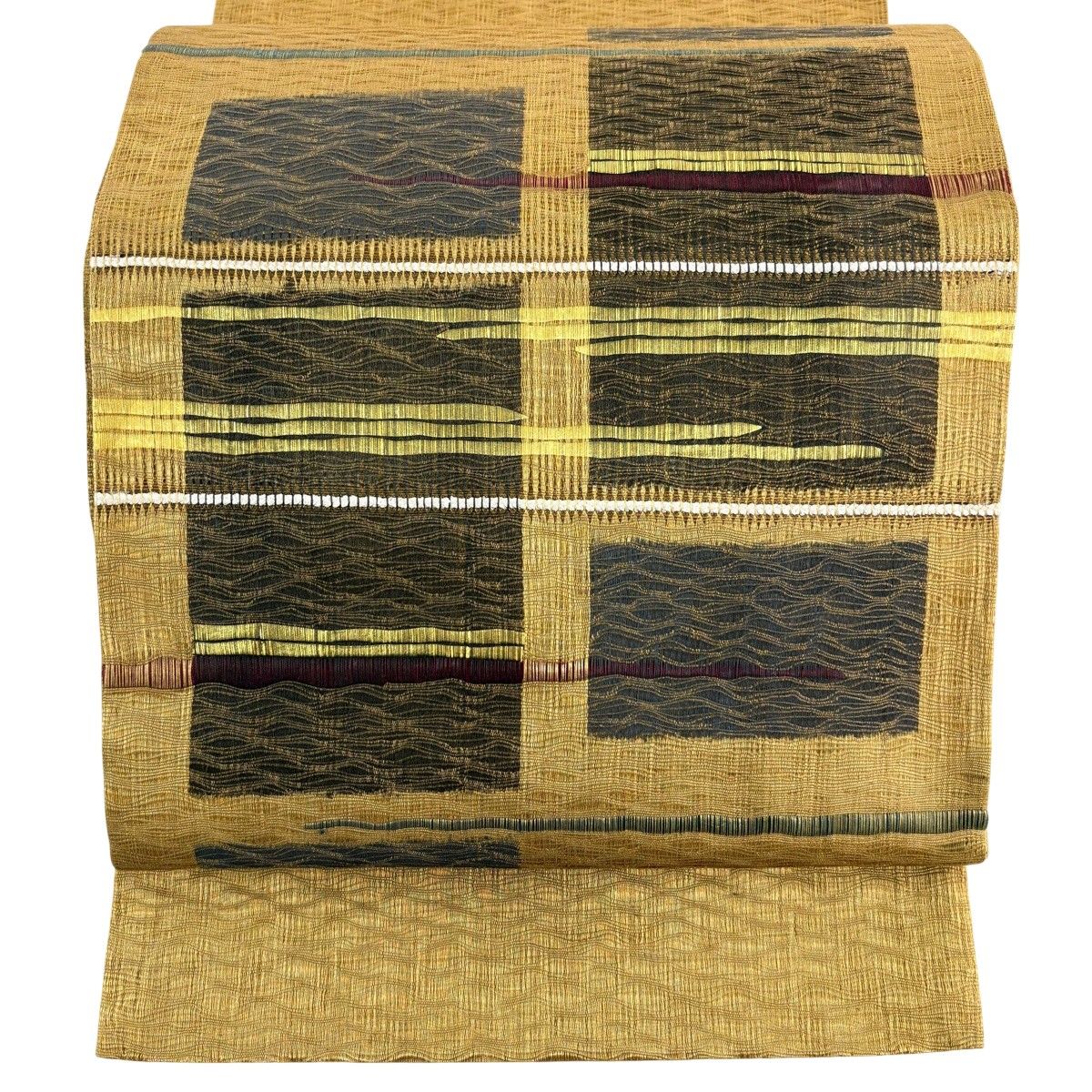 美品】 袋帯 秀品 幾何学模様 箔 黄土色 お太鼓柄 正絹 【中古