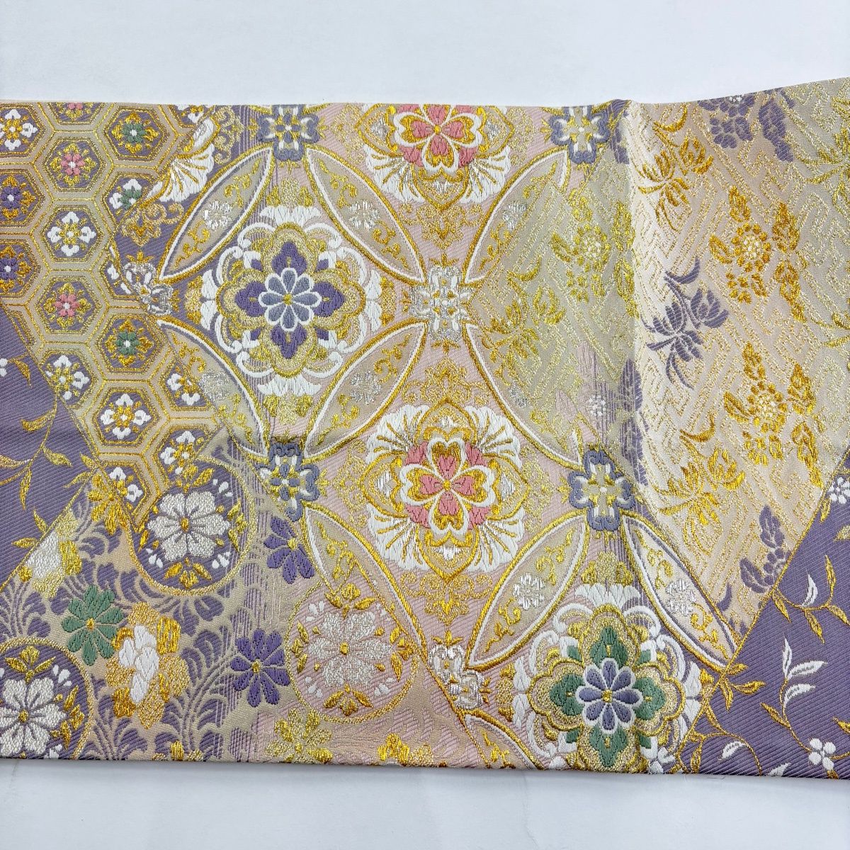 袋帯 秀品 誕楽 七宝華文 草花 金銀糸 唐織 ベージュ 六通 正絹 【中古