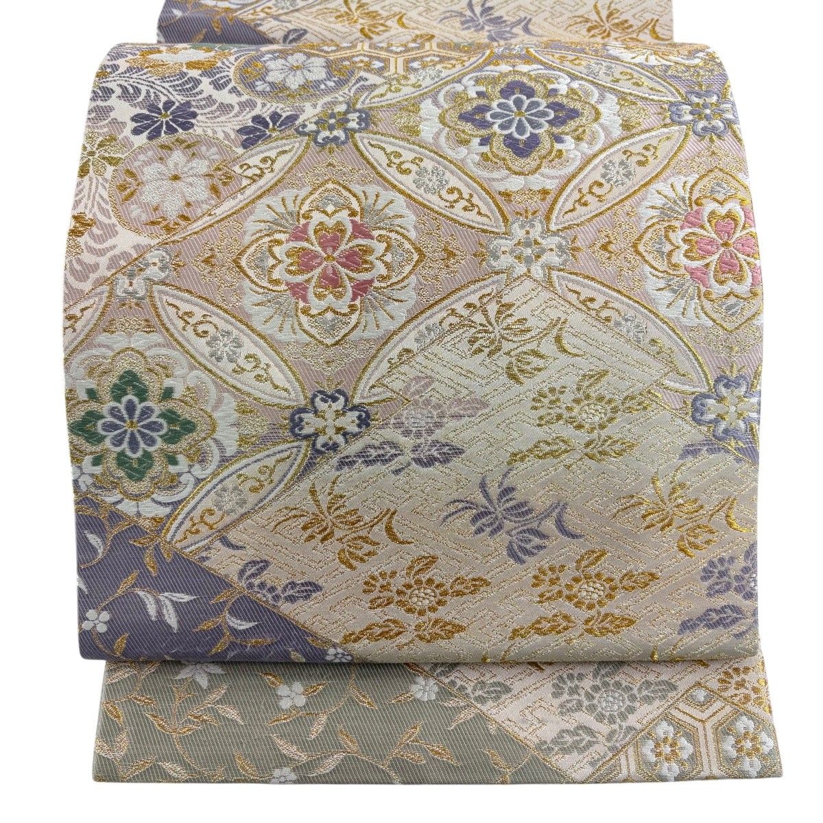 袋帯 秀品 誕楽 七宝華文 草花 金銀糸 唐織 ベージュ 六通 正絹 【中古