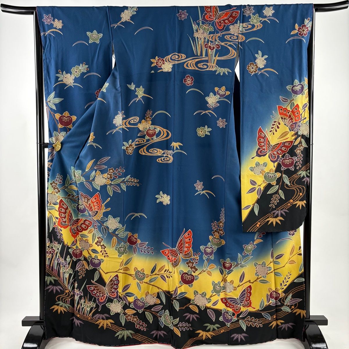 振袖 身丈168cm 裄丈64cm M 袷 蝶 橘花 染分け ぼかし 藍色 正絹 名品 