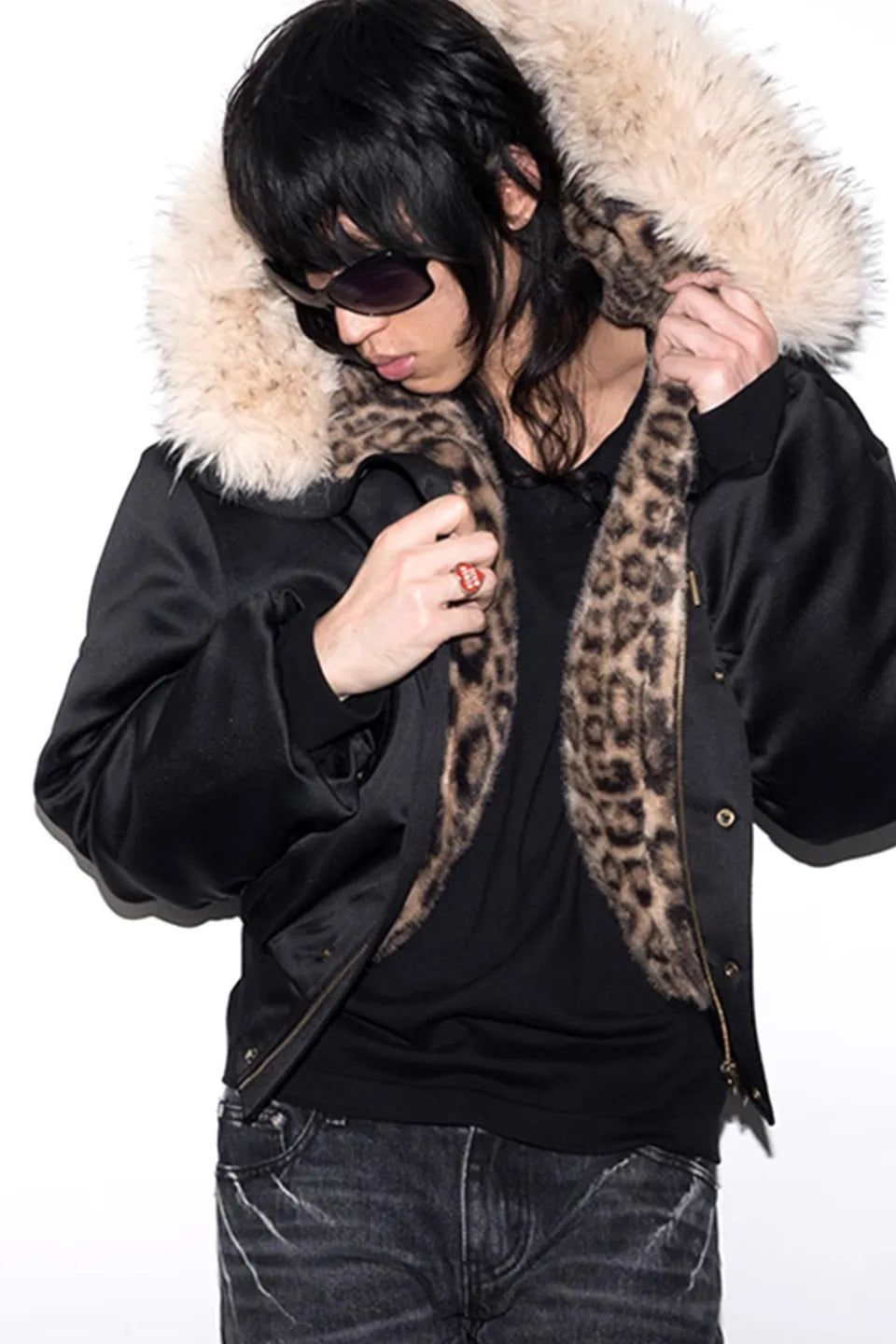 NO E MOSEN｜LEOPARD PRINT HOODED FUR COLLAR MILITARY BADGE ARMBAND