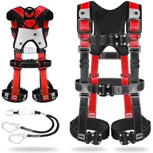 TT TRSMIMA フルハーネス 新規格 セット フルハーネス安全帯 - 安全保護 ワンタッチ バックル 脱着簡単 ハーネス安全帯 ランヤード付き 2丁掛け 肩パッド 収納袋付き 墜落制止用器具 高所作業用 電気工事 落下防止 f 4 aebad 9