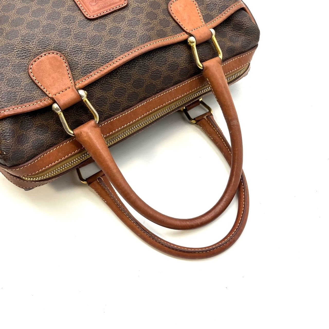 CELINE　ハンドバッグ　マカダム　トリオンフ　総柄　PVC　レザー　 茶色 良品】CELINE セリーヌ トリオンフ マカダム柄 pvc レザー