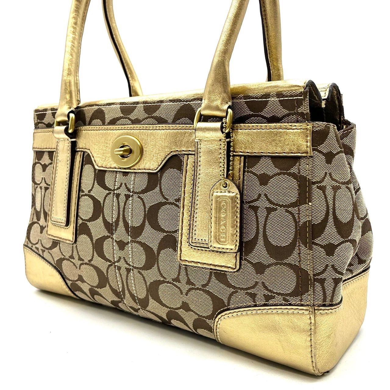 良品】COACH Y2K signature canvas leather beige gold turn lock 
