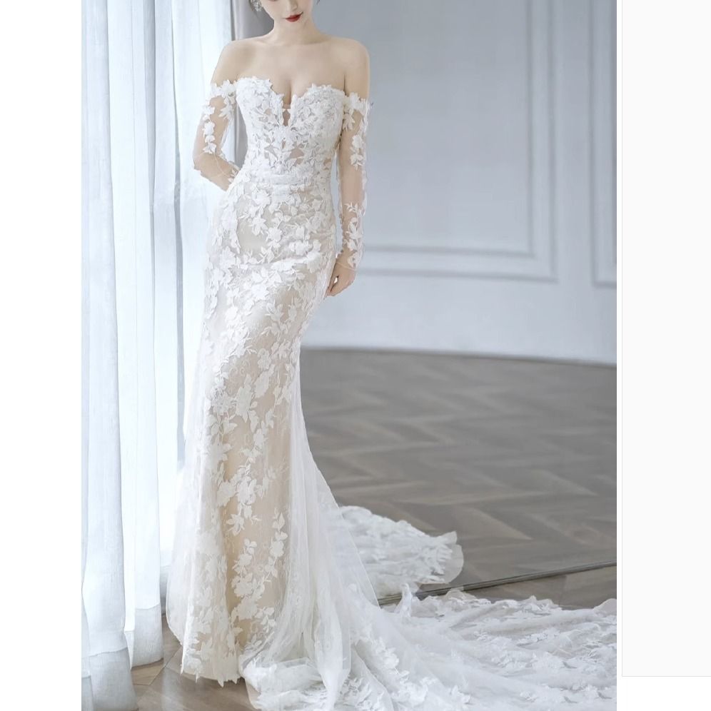 ウェディングドレス レース 長袖 シースルー セクシー 韓国