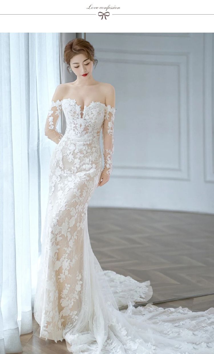 ウェディングドレス レース 長袖 シースルー セクシー 韓国