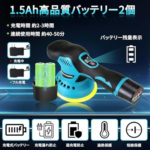 2025強化版 ポリッシャー 充電式ポリッシャー 電動ポリッシャー 12 V ダブルアクション 8段階変速 125 mm コードレス 大容量バッテリ一 搭載 車 コードレスポリッシャー 研磨 洗車 ecc 82 d 1 a