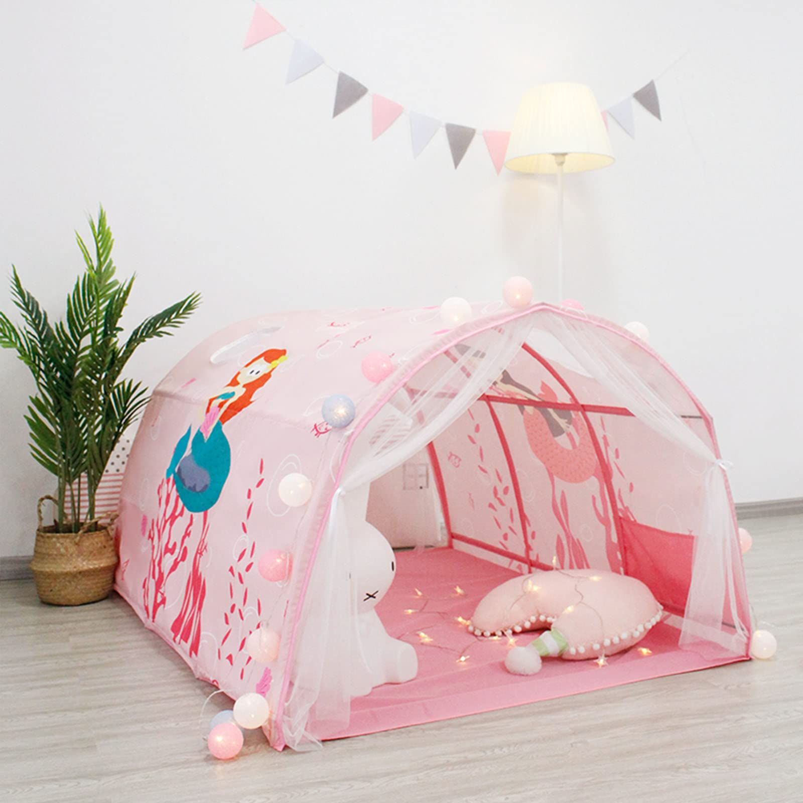 QIRUNベッドテント キッズテント 子供テント 折りたたみ式 遊びテント 睡眠テント プレイハウス キッズプレイテント 防蚊帳付き プライバシースペース眠っている屋内玩具ゲームハウス 寝袋 子供用テント 収納バッグ付き