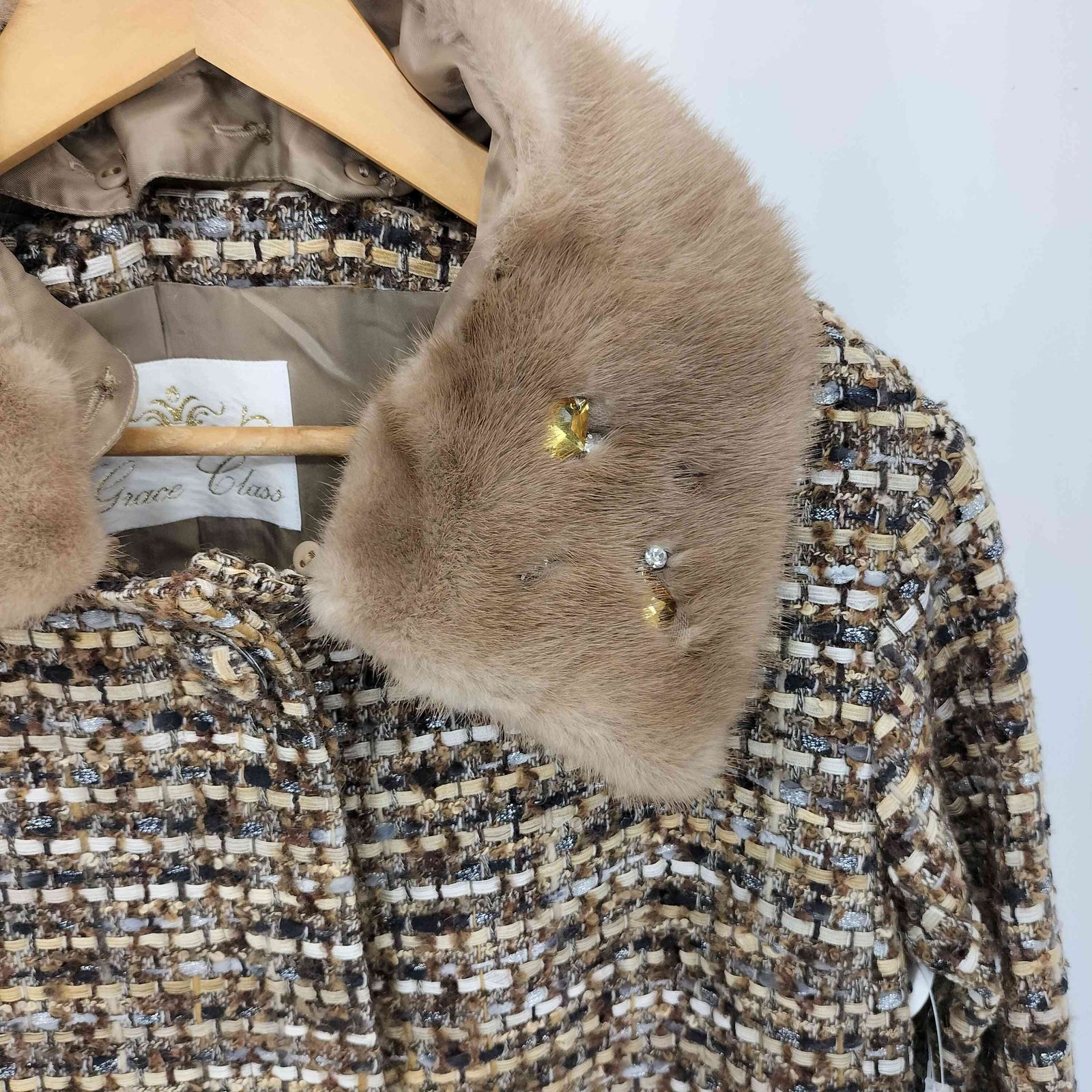 グレースクラス Grace Class ビジュー付ミンクファー ツイードノー